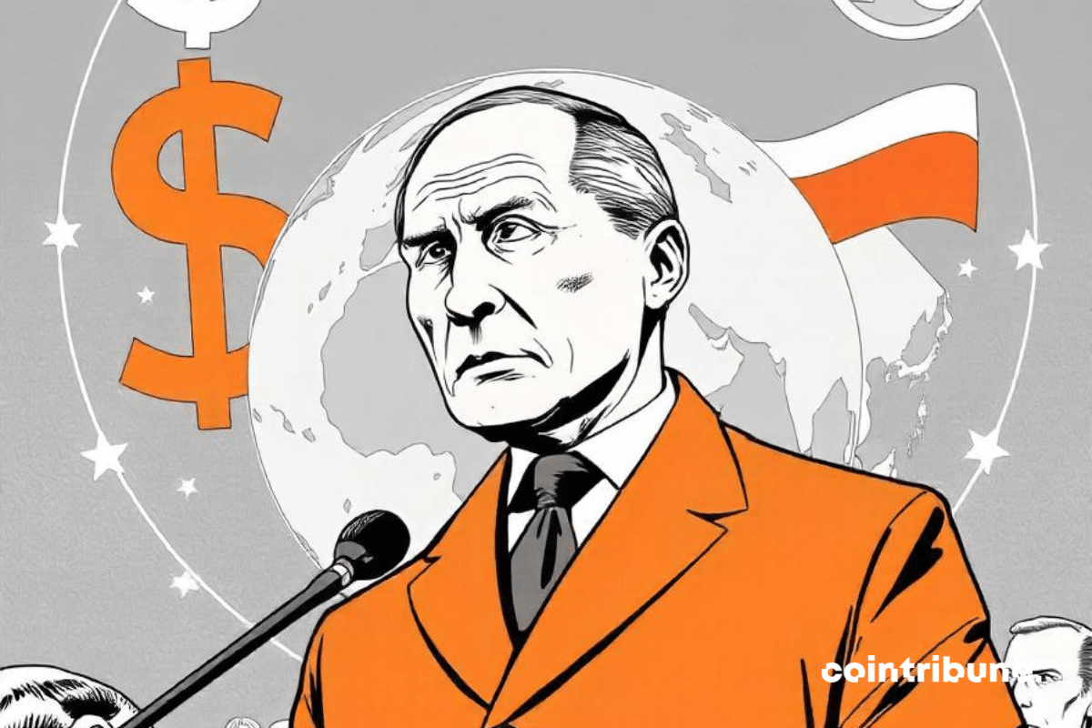 Un montage illustrant les dynamiques monétaires internationales, avec en arrière-plan des symboles discrets du dollar américain et du rouble russe, ainsi qu’un globe terrestre représentant les tensions économiques globales. Vladimir Poutine est montré de manière stylisée pas trop imposant, en train de parler lors d’une conférence internationale devant les membres des BRICS. Les couleurs sont sobres et les éléments visuels suggèrent la complexité et les enjeux d’un nouvel équilibre financier mondial, sans en imposer une lecture directe.