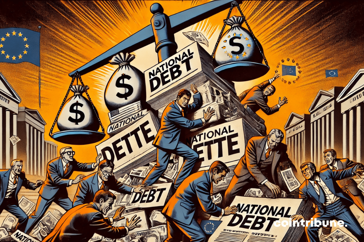 The debt crisis in Europe, with politicians crushed under an avalanche of documents and banknotes.