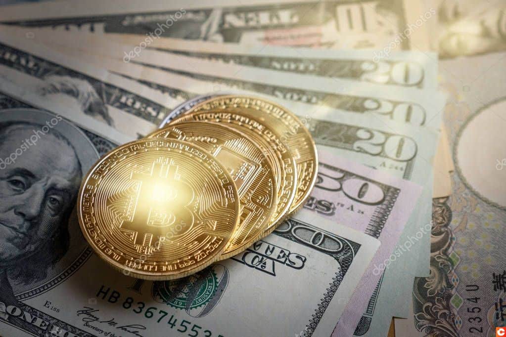 Closeup Bitcoins mockup on the money paper bank of various country, cryptocurrency and investment concept
