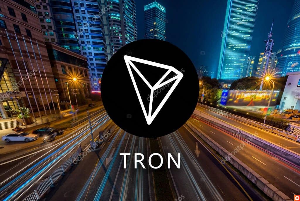 Concept of TRON Coin or TRX, a Cryptocurrency blockchain platform , Digital money, Cityscape background