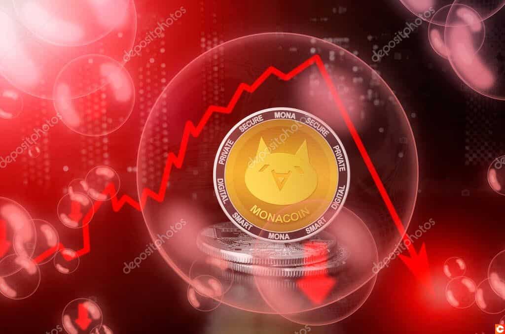 MonaCoin MONA in a soap bubble. Risks and dangers of investing to MonaCoin cryptocurrency. Collapse of the exchange rate. Unstable concept. Down drop crash bubble