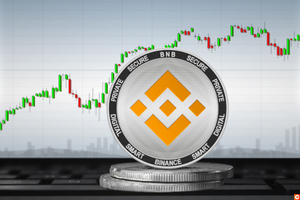 Binance Coin (BNB) cryptocurrency; Binance coin on the background of the chart
