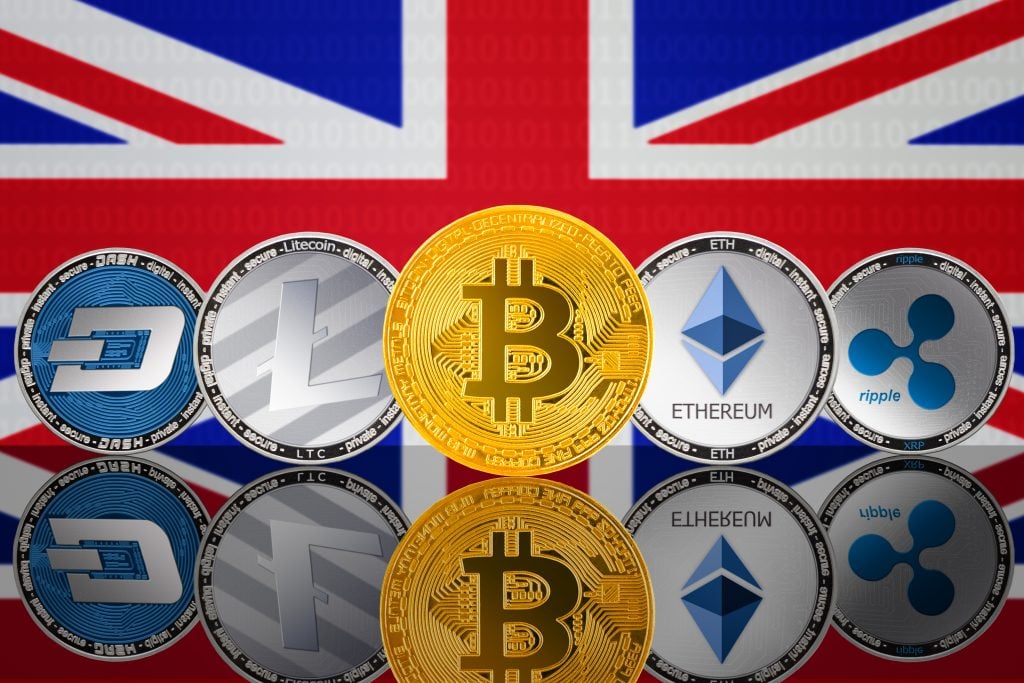 Cryptocurrency coins - Bitcoin (BTC), Litecoin (LTC), Ethereum (ETH), Ripple (XRP), DASH on the background of the flag of United Kingdom. Front view