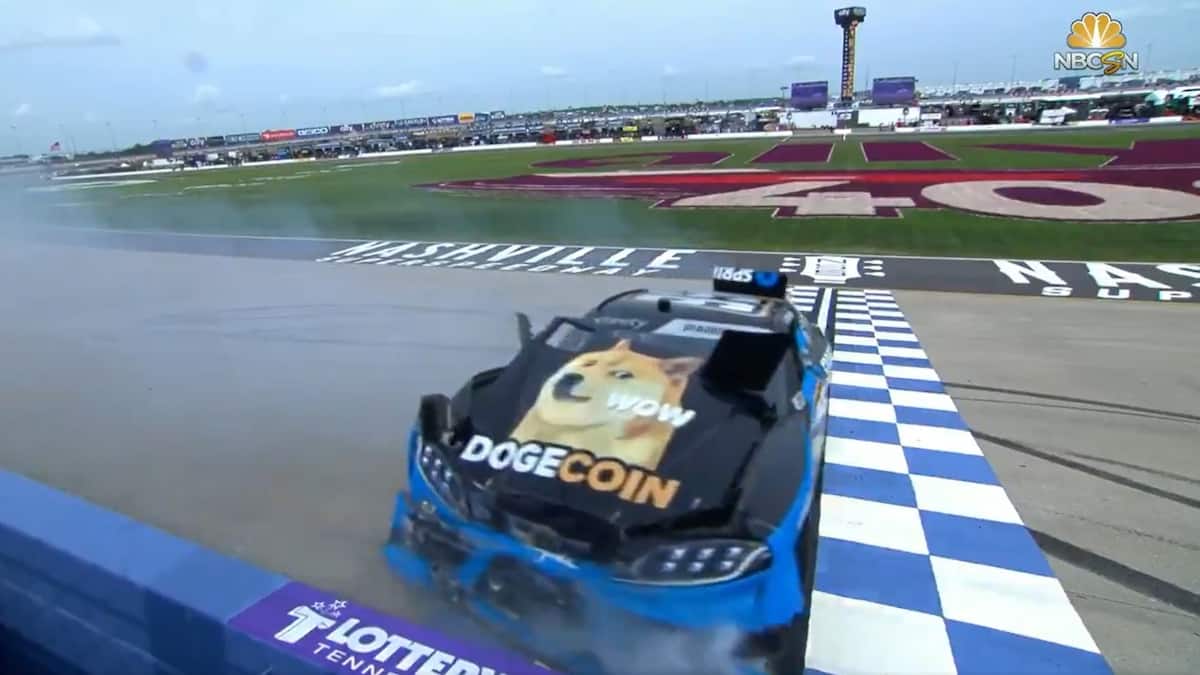 Dogecoin-sponsored racecar crashes, reflecting a bad weekend for the DOGE price