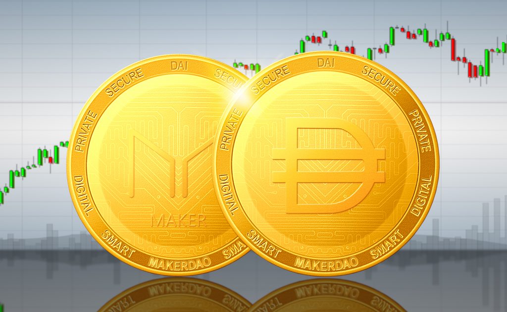 MakerDAO DAI cryptocurrency; MakerDAO DAI golden coins on the background of the chart