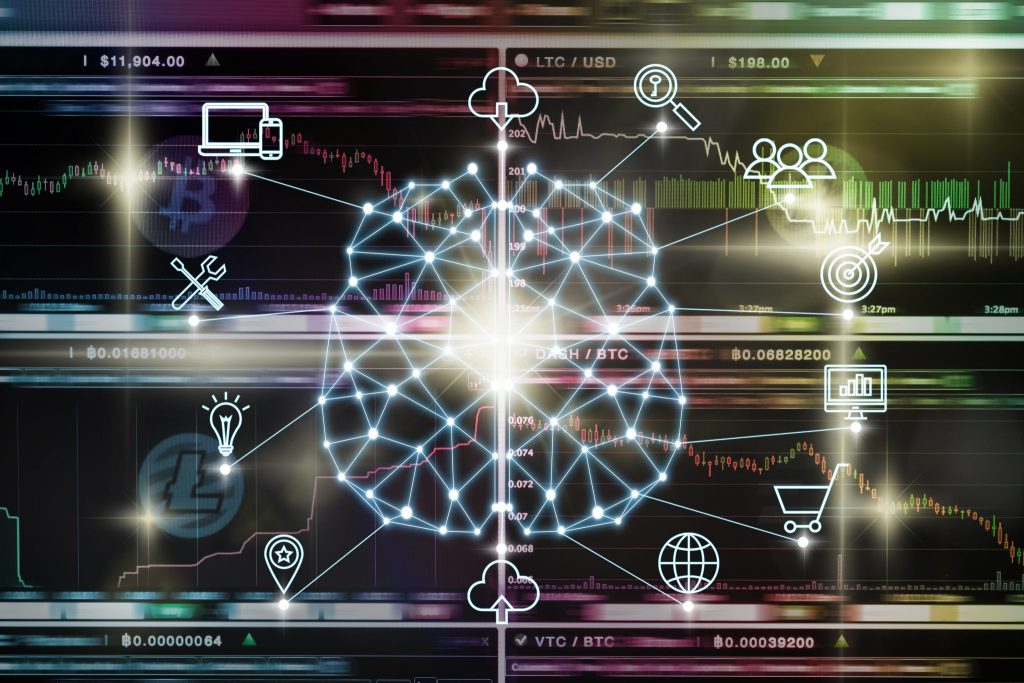 Polygonal brain shape of an artificial intelligence with various icon of smart city Internet of Things Technology over Cryptocurrency Bitcoin exchange trading screen, AI and business IOT concept