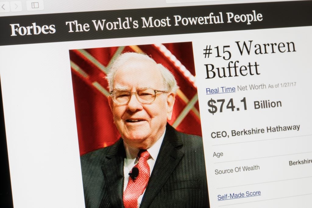 RIGA, LATVIA - February 24, 2017: Forbes Magazine list of The Worlds Most Powerful People.Number 15 Warren Buffet the CEO of Berkshire Hathaway.