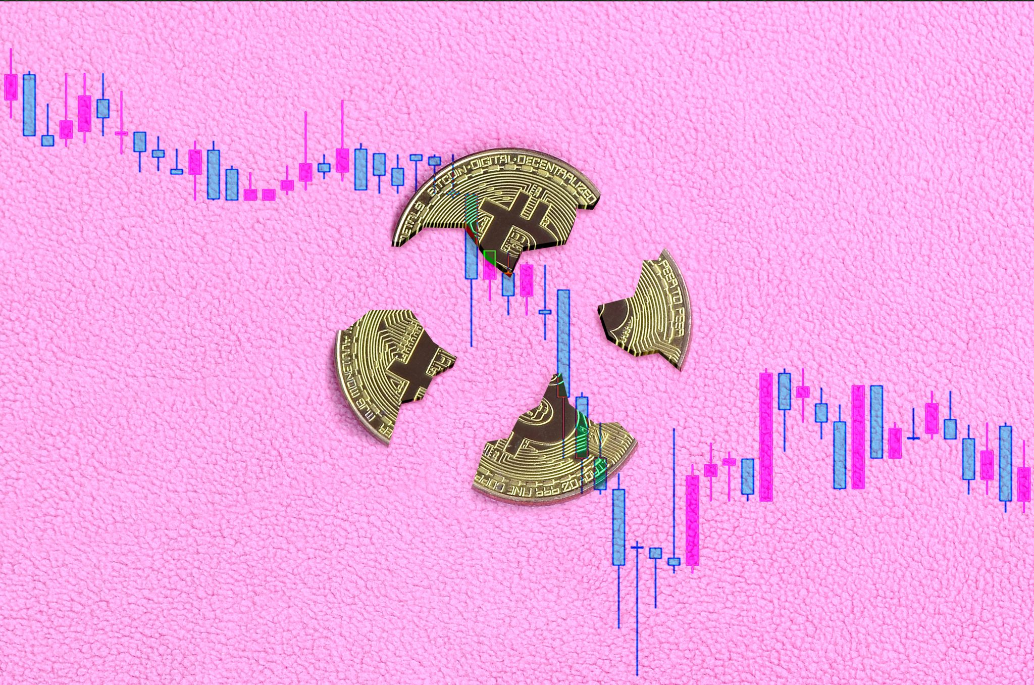 The broken bitcoin lies in the background of the cryptocurrency's price chart.  Pastel pink background.  Lay flat top view.  The fall and collapse of the cryptocurrency path
