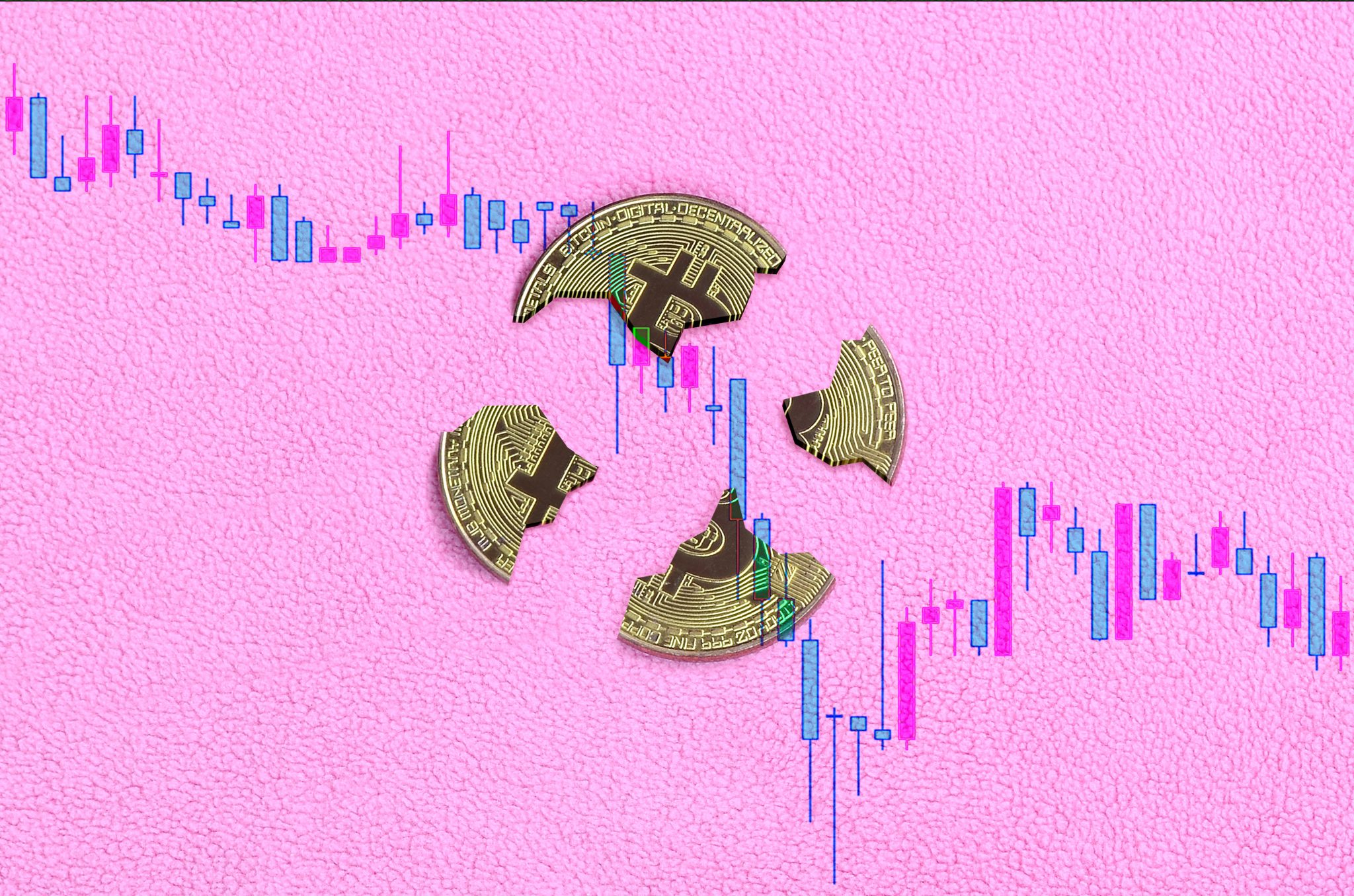 Broken bitcoin lies in the background of the falling chart of the cryptocurrency rate. Pastel pink background. Flat lay top view. The fall and collapse of the course of crypto currency