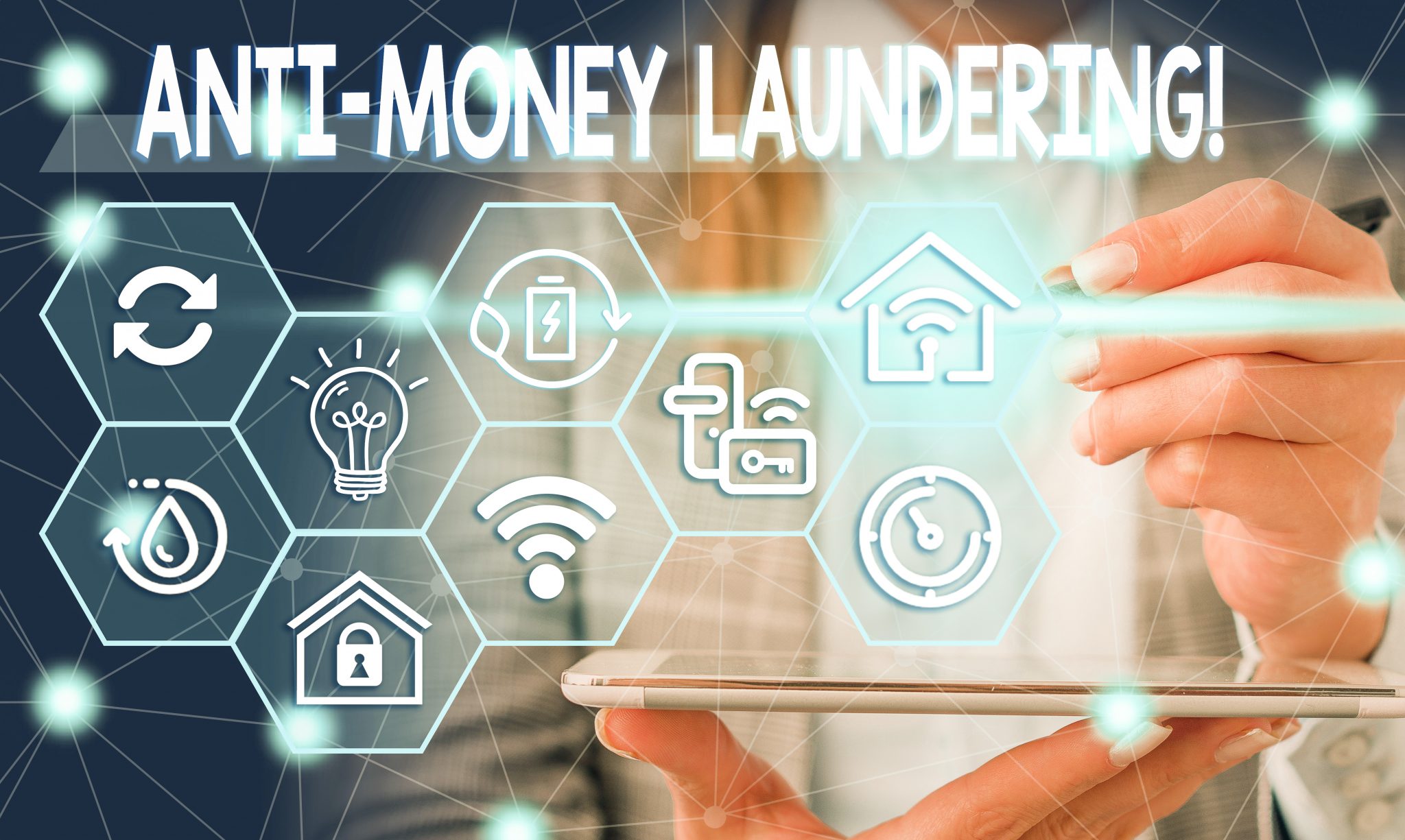 Conceptual hand writing showing Anti Money Laundering. Business photo showcasing regulations stop generating income through illegal actions Female human wear formal work suit presenting smart device.