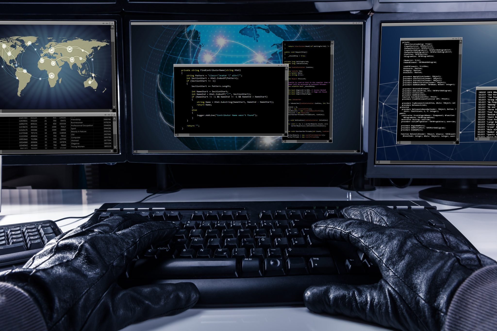 Hacker Wearing Gloves Typing Code On Keyboard In Front Of Multiple Computers