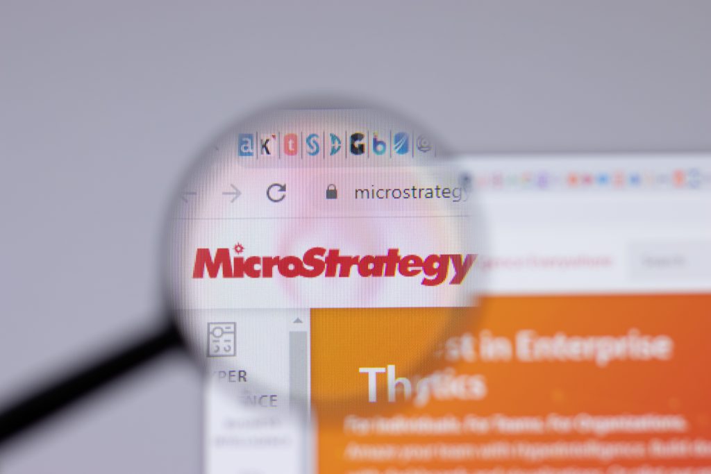 New York, USA - 26 April 2021: MicroStrategy logo close-up on website page, Illustrative Editorial