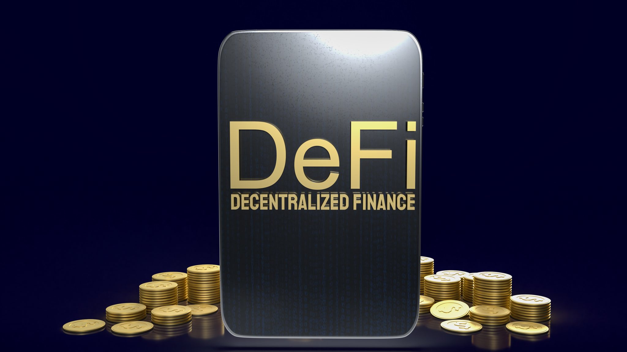 The  defi farming gold word and tablet  for cryptocurrency business concept 3d rendering