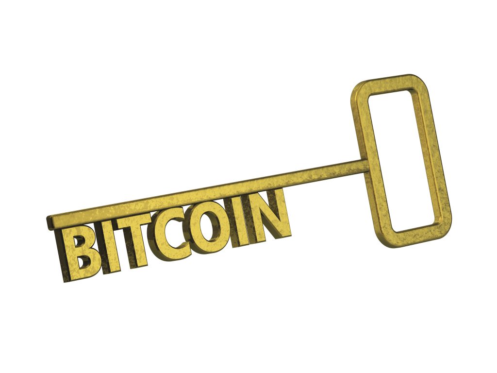 3D illustration of key with bitcoin text isolated on white background