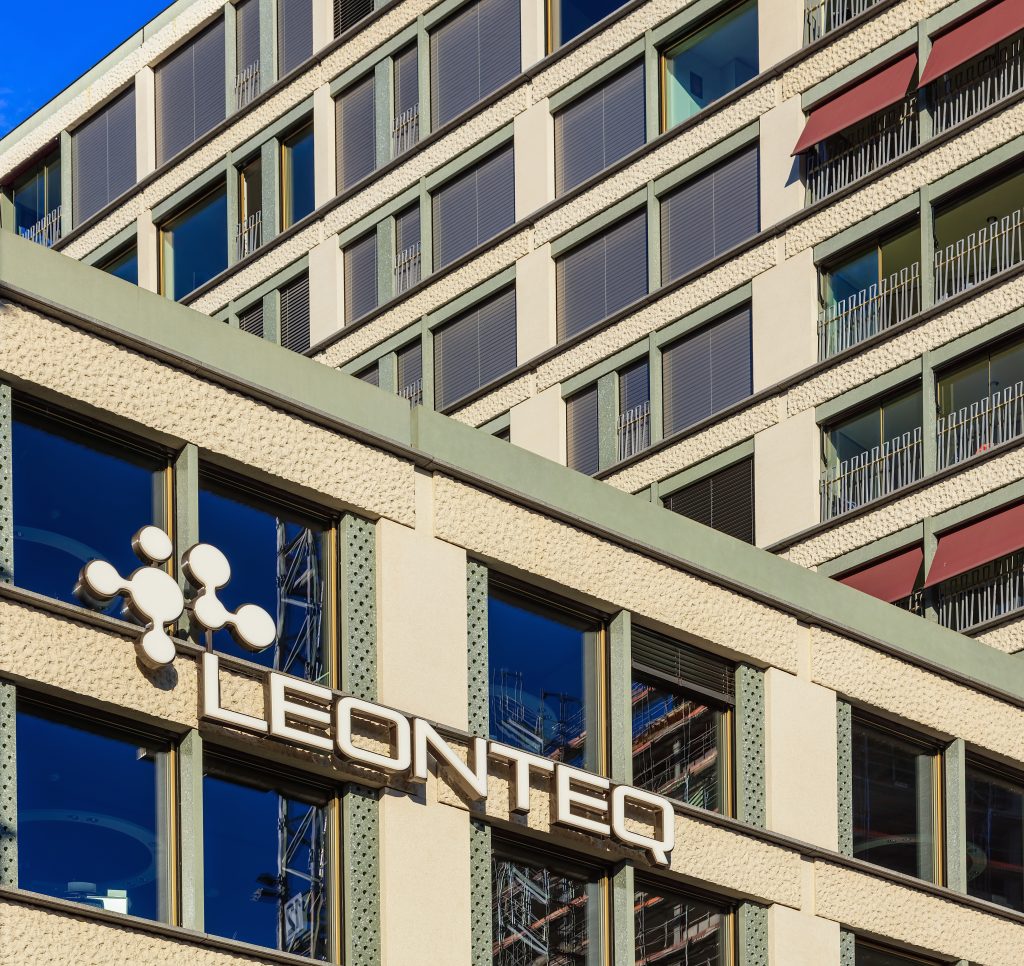 Building on Europallee in Zurich bearing the sign of Leonteq