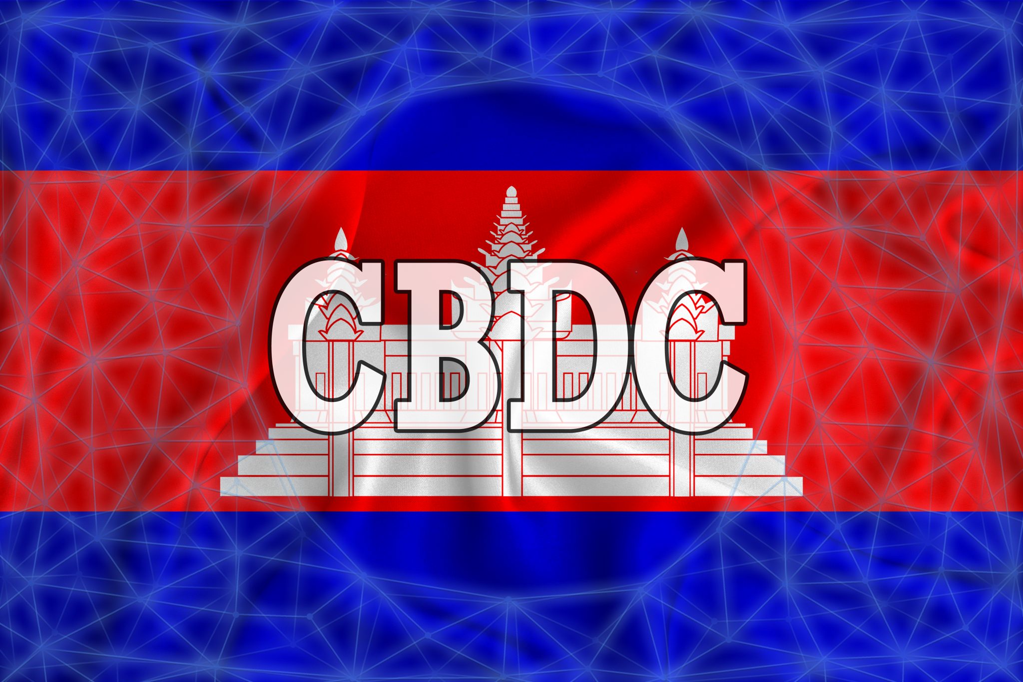 Cambodia flag with the inscription CBDC (Central Bank Digital Currency) and a blockchain grid around. Graphic concept for your design. 3d rendering
