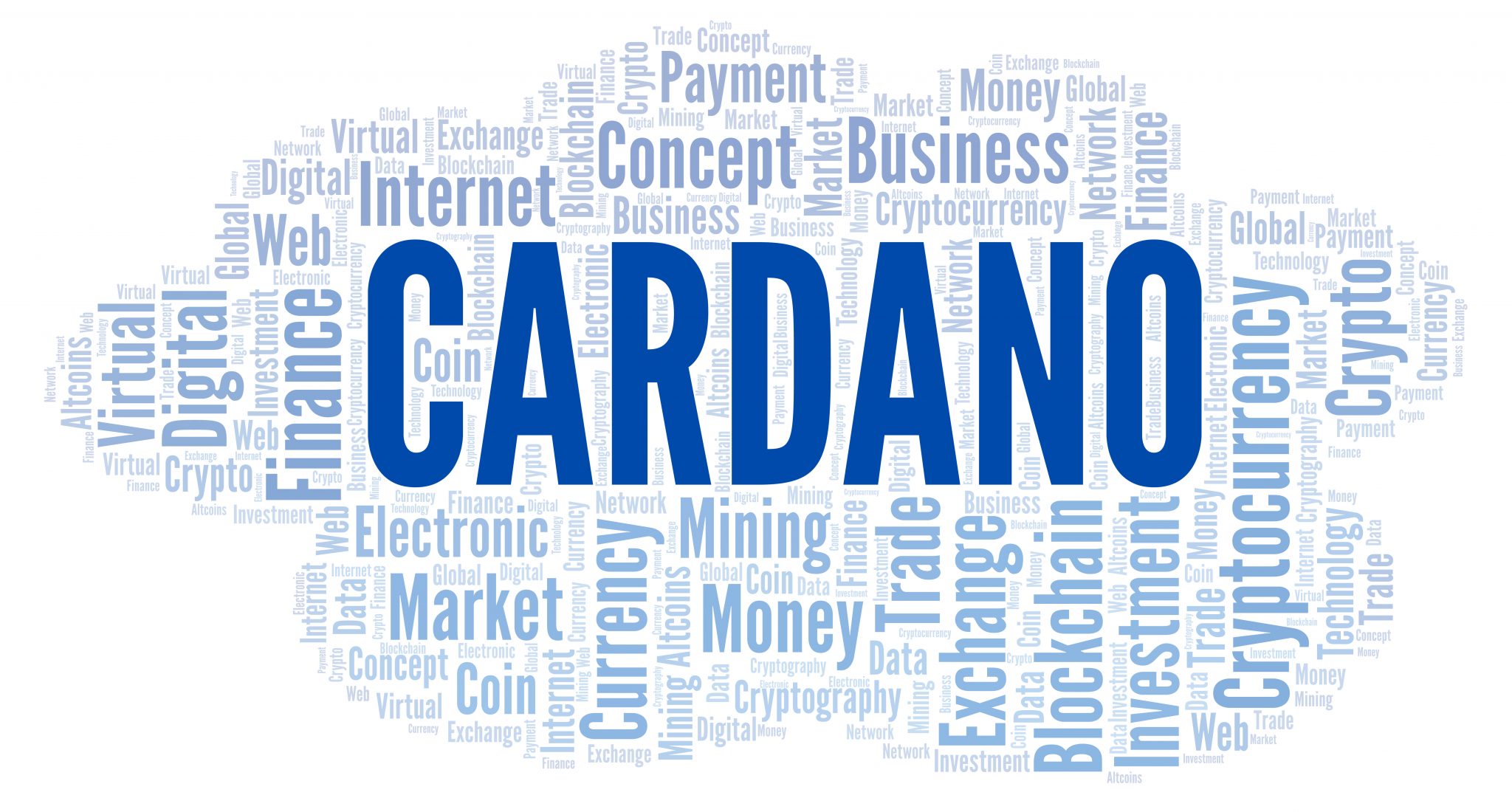 Cardano cryptocurrency coin word cloud.