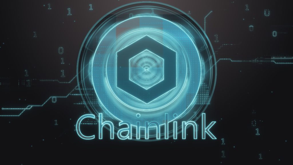 ChainLink (LINK) cryptocurrency symbol. Hi-tech futuristic background illustration.
