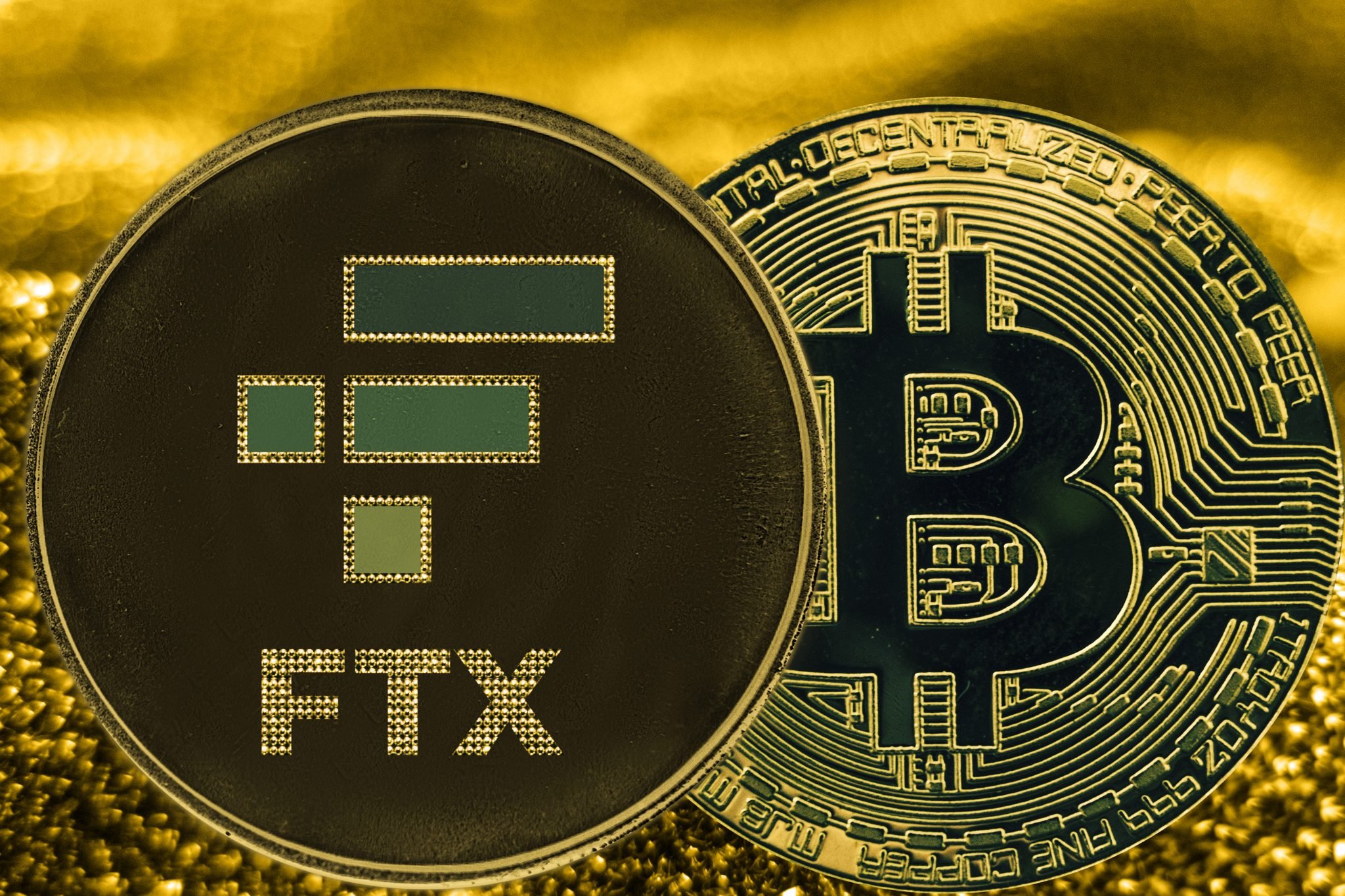 Coin cryptocurrency bitcoin BTC and FTX token on golden backg