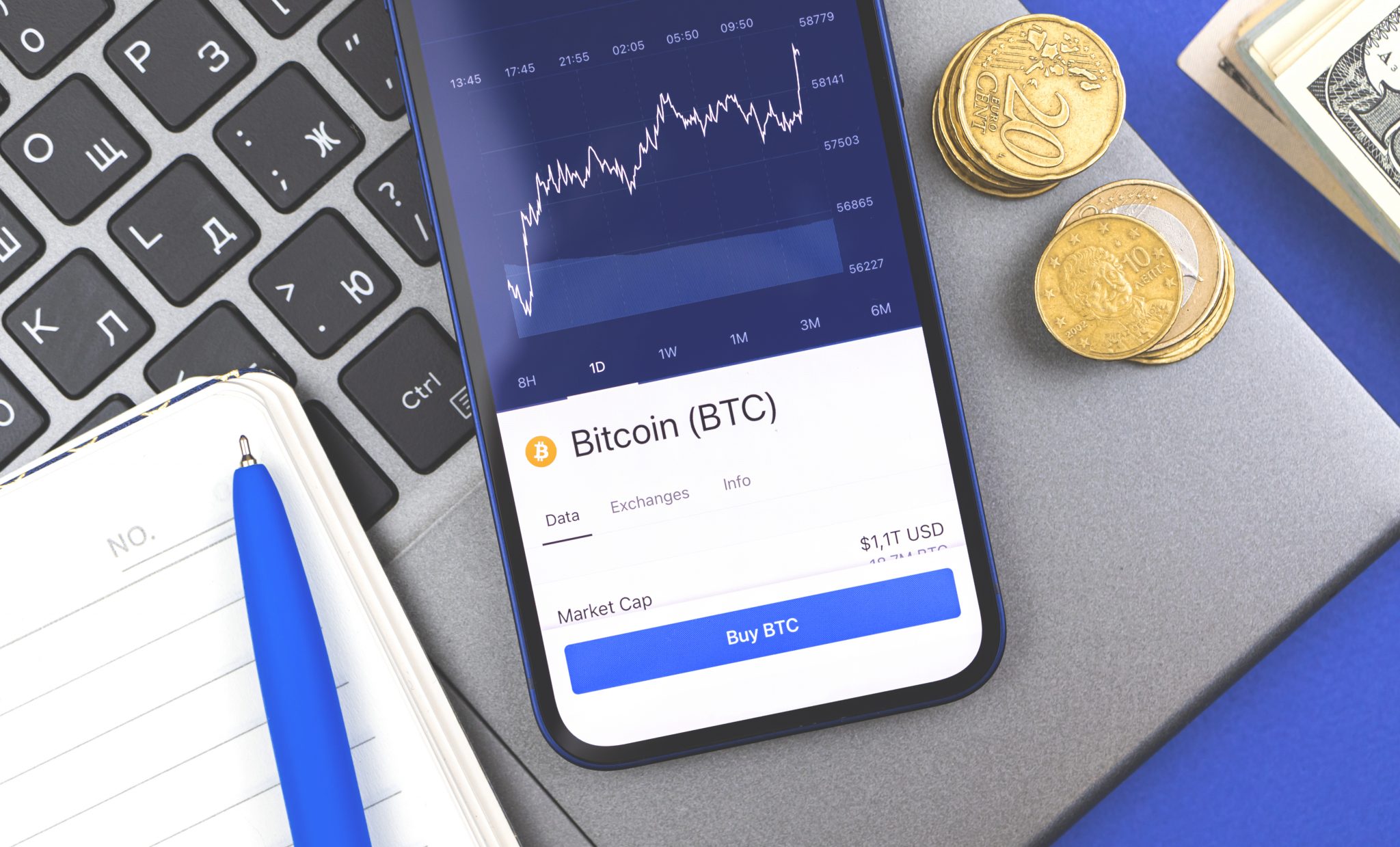 Cryptocurrency trade and buy bitcoin on the stock exchanges background, mobile technology concept photo