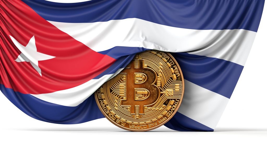Cuba flag draped over a bitcoin cryptocurrency coin. 3D Rendering