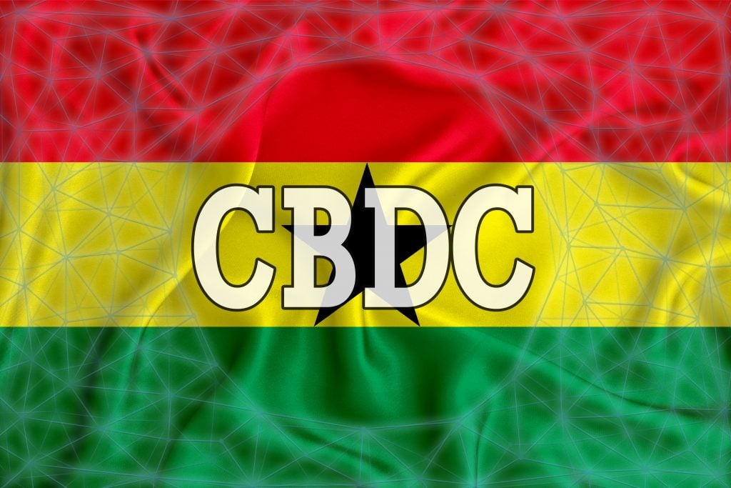 Ghana flag with the inscription CBDC (Central Bank Digital Currency) and a blockchain grid around. Graphic concept for your design. 3d rendering