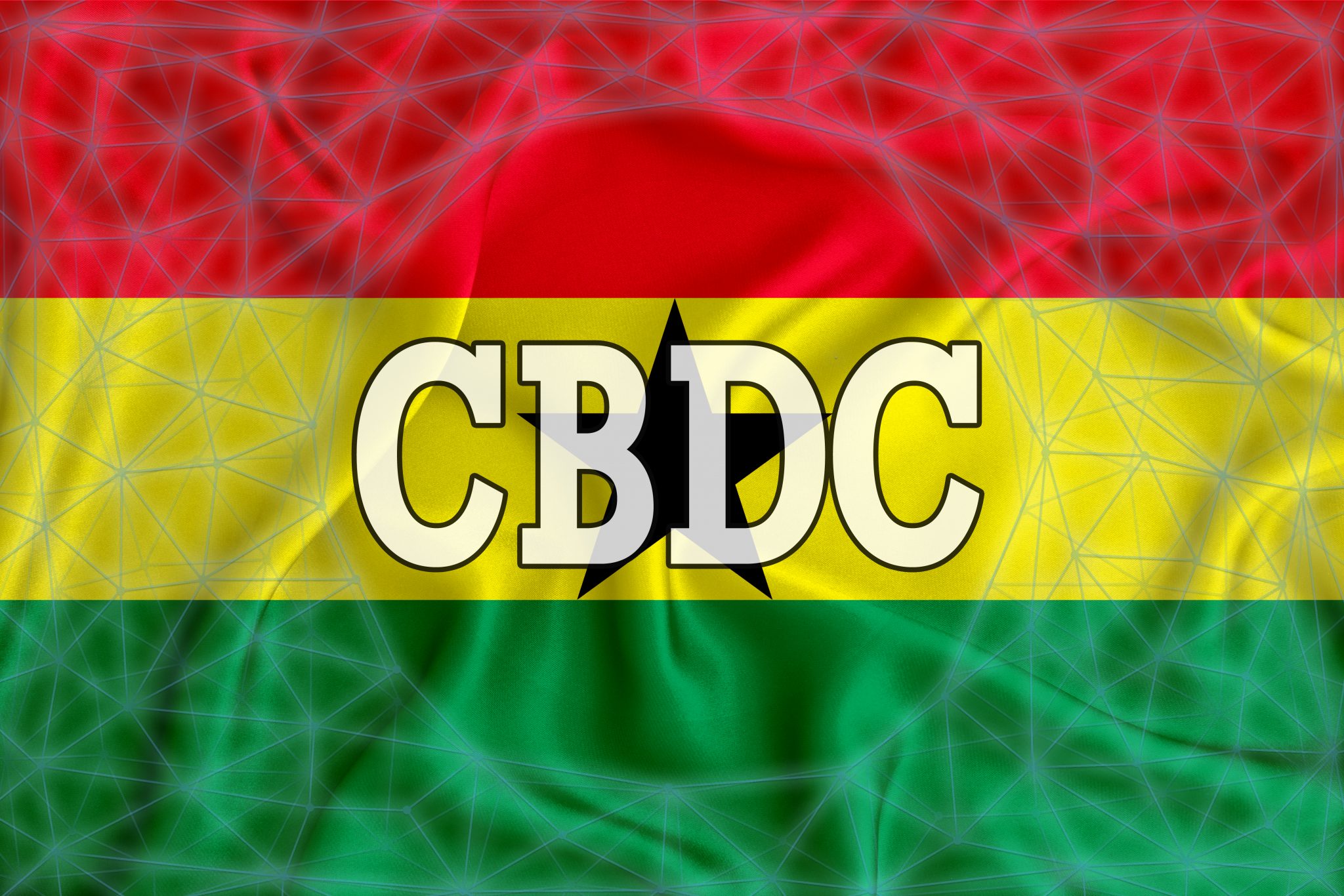 Ghana flag with the inscription CBDC (Central Bank Digital Currency) and a blockchain grid around. Graphic concept for your design. 3d rendering