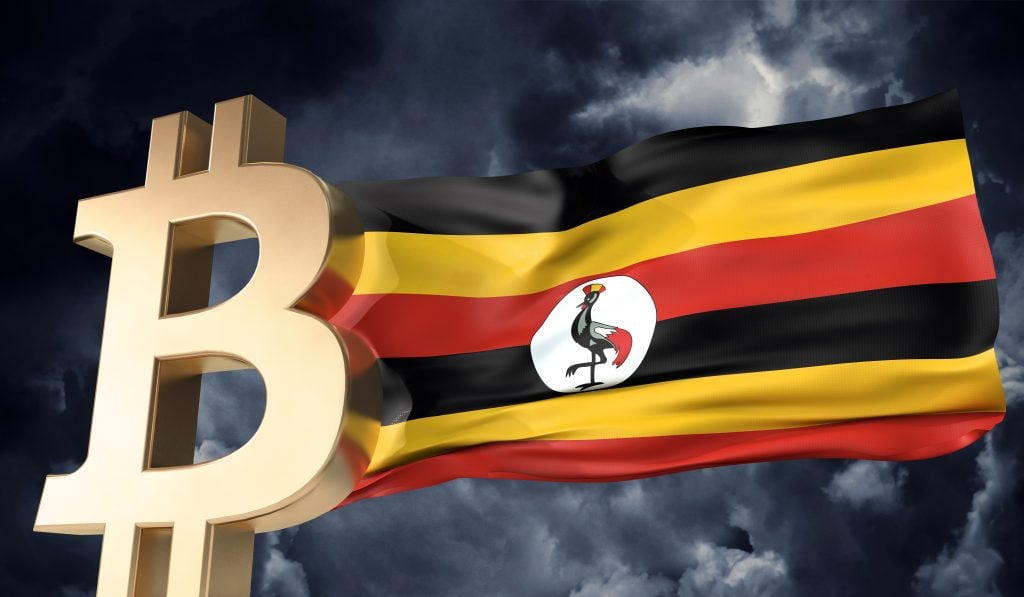 Gold bitcoin cryptocurrency with a waving Uganda flag. 3D Rendering