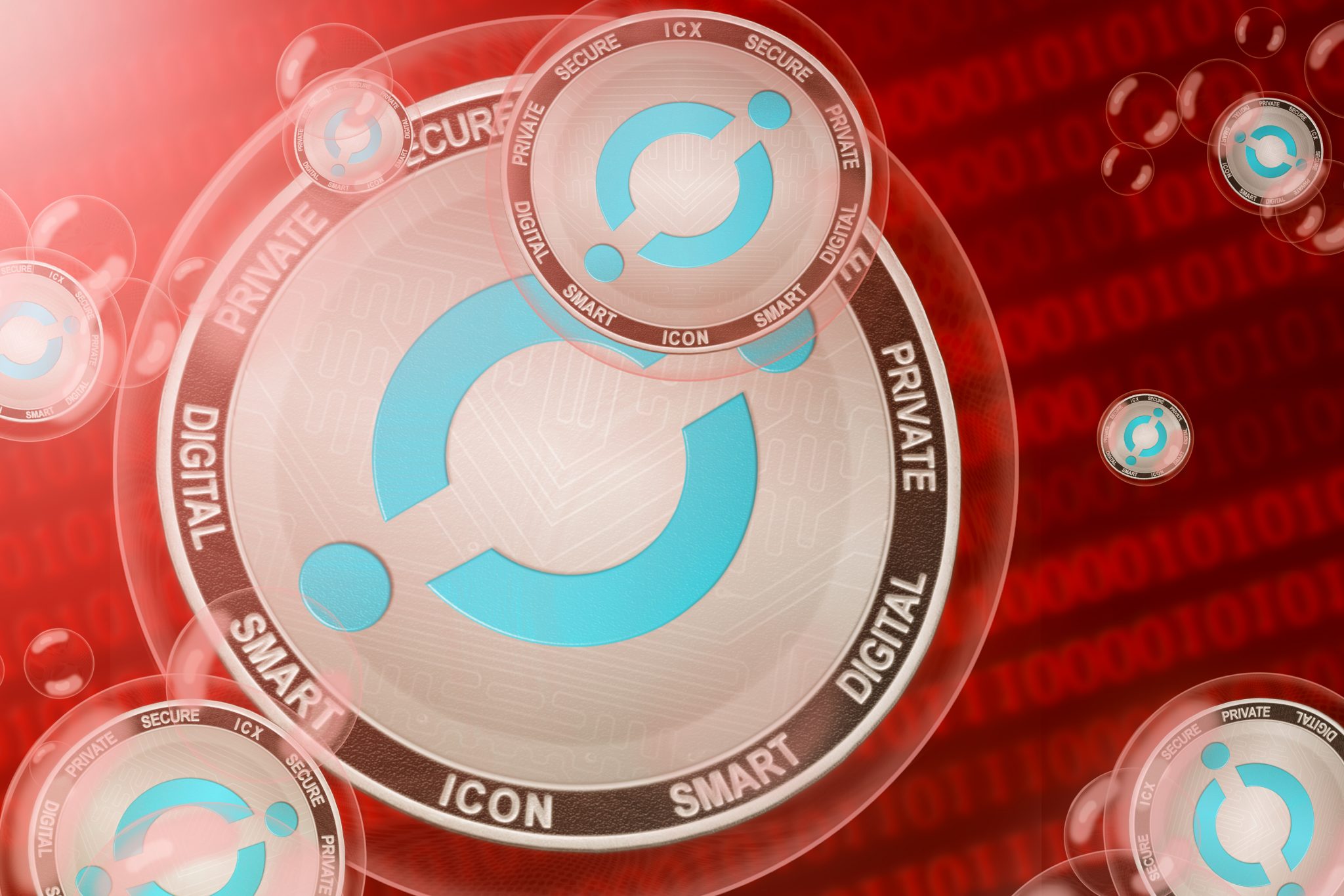 Icon currency crash; ICON (ICX) coins in a bubbles on the binary code background. Close-up