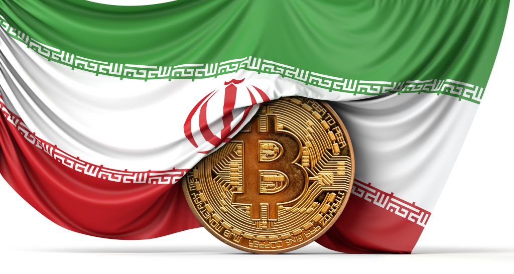 Iran flag draped over a bitcoin cryptocurrency coin. 3D Rendering