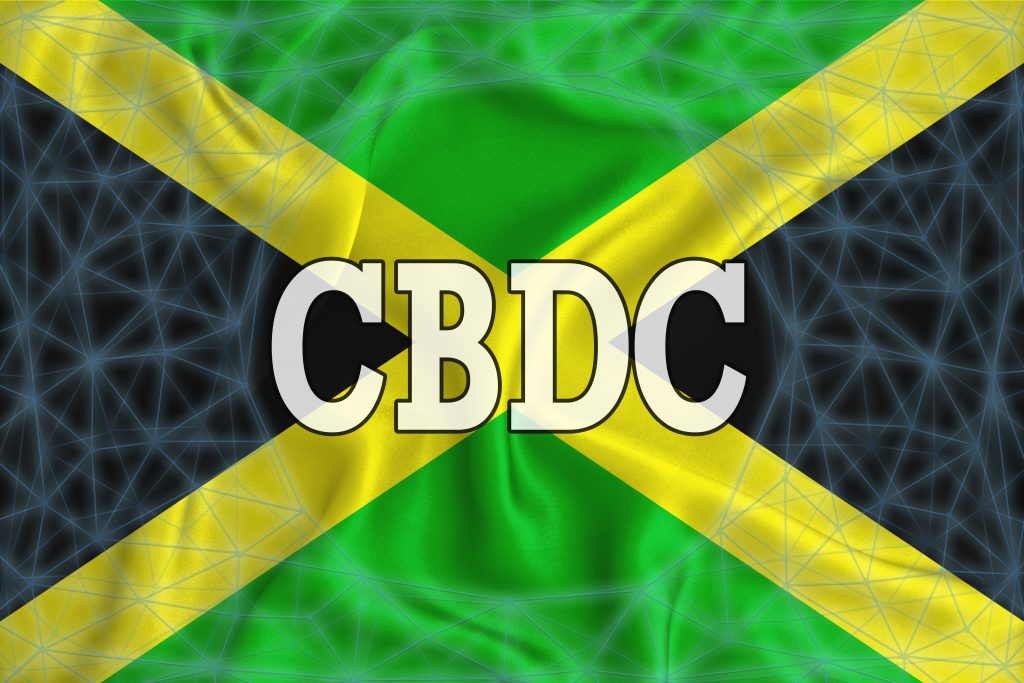 Jamaica flag with the inscription CBDC (Central Bank Digital Currency) and a blockchain grid around. Graphic concept for your design. 3d rendering