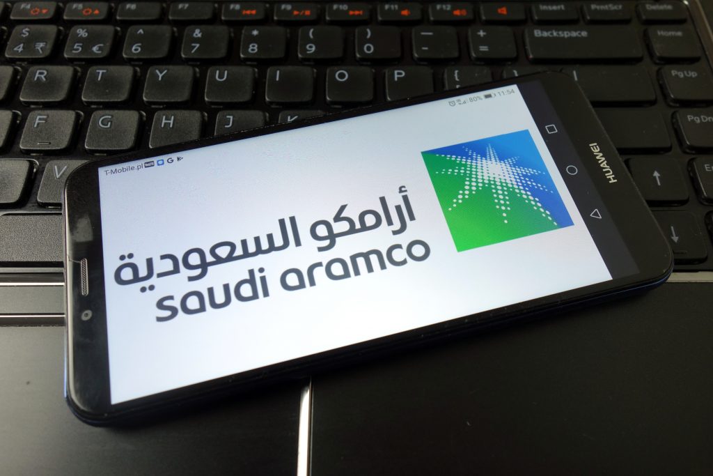 KONSKIE, POLAND - December 21, 2019: Saudi Aramco logo on mobile phone