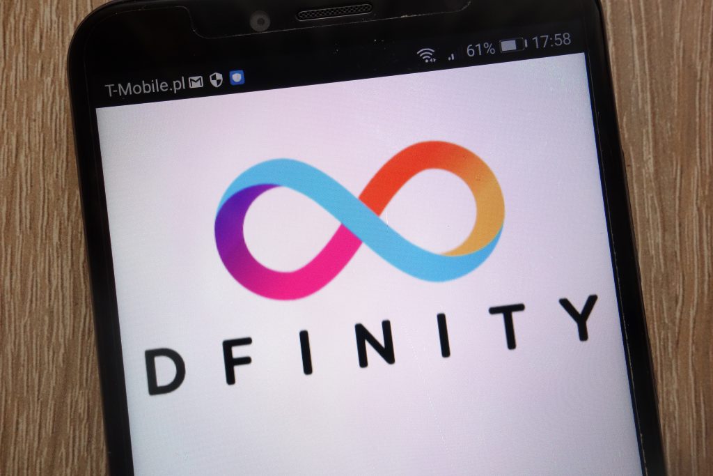 KONSKIE, POLAND - SEPTEMBER 06, 2018: Dfinity - a blockchain-based cloud computing project logo displayed on a modern smartphone