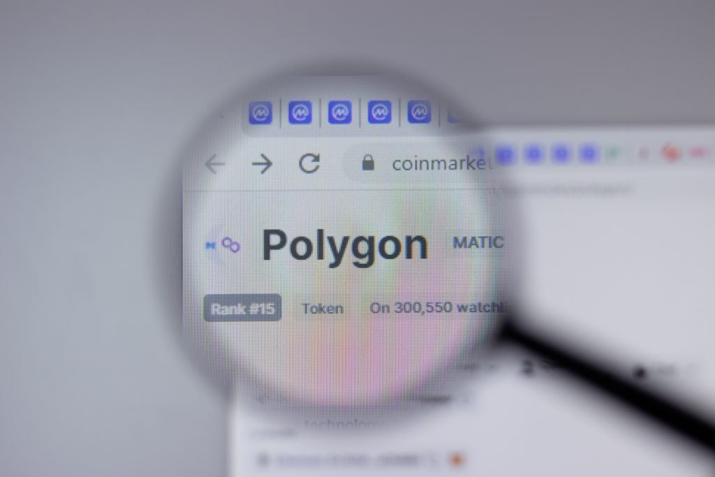 New York, USA - 1 May 2021: Polygon MATIC cryptocurrency logo close-up on website page, Illustrative Editorial
