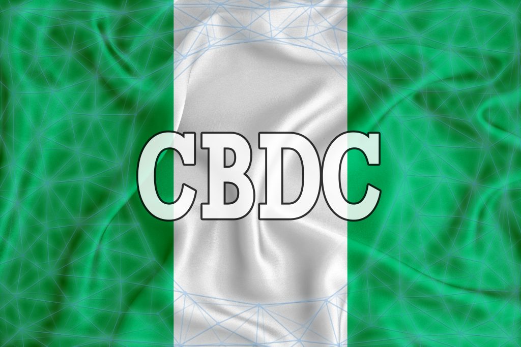 Nigeria flag with the inscription CBDC (Central Bank Digital Currency) and a blockchain grid around. Graphic concept for your design. 3d rendering