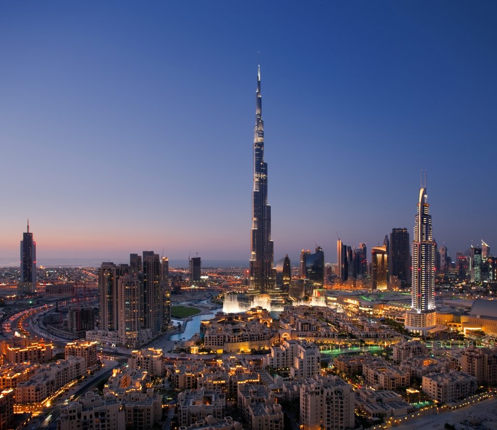 A skyline of Downtown Dubai with Burj Khalifa and Dubai Fountain