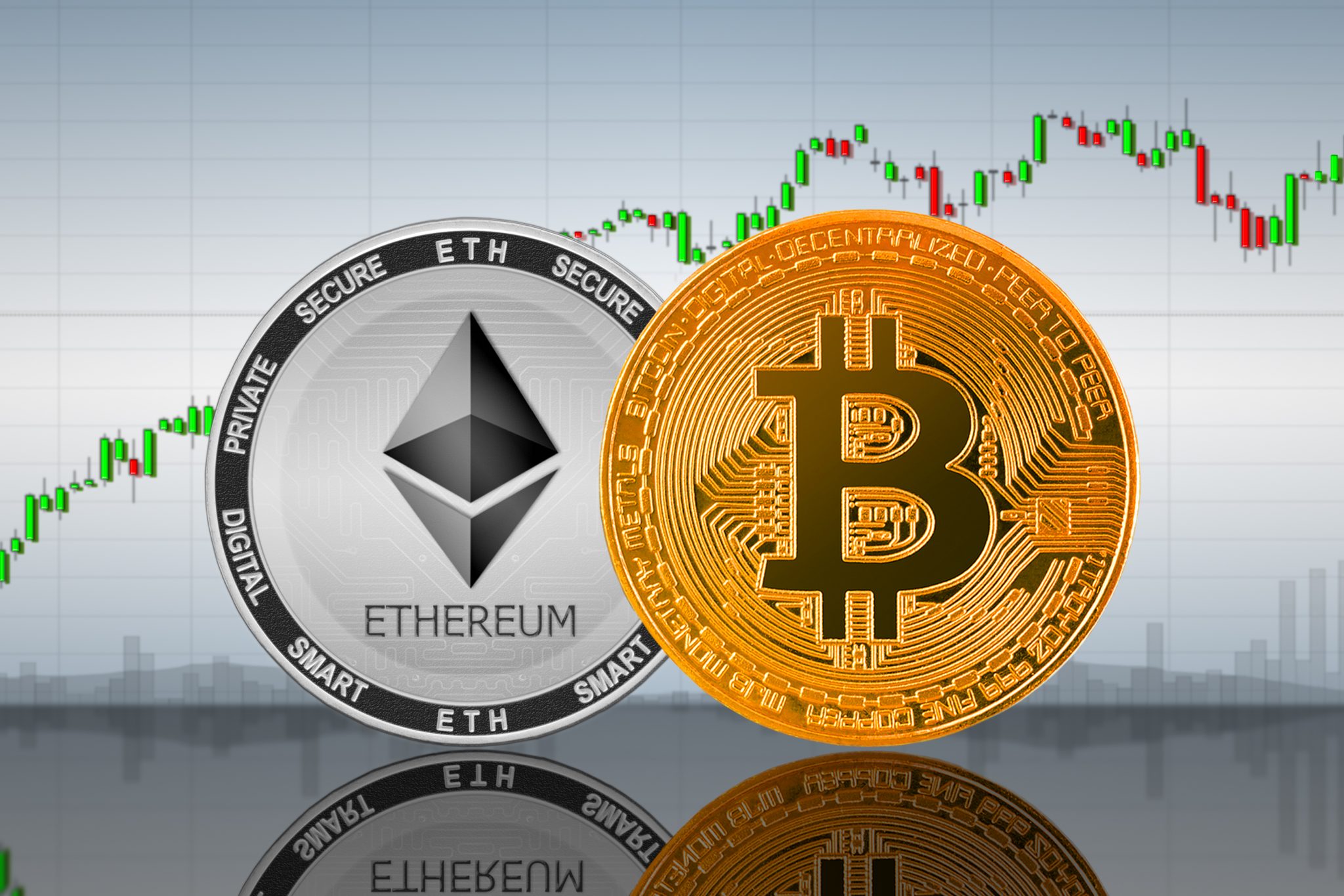 Bitcoin (BTC), Ethereum (ETH) coins on the background of the chart; bitcoin and ethereum cryptocurrency; crypto exchange