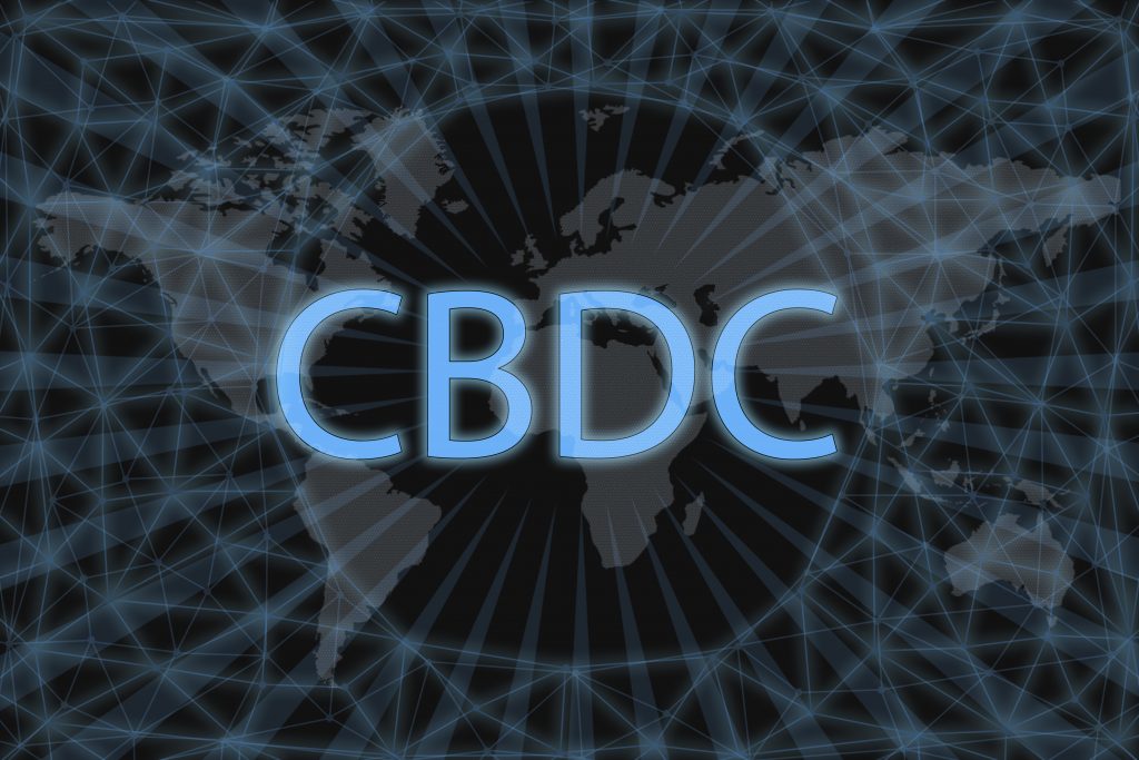 CBDC (Central Bank Digital Currency) Abstract Cryptocurrency. With a dark background and a world map. Graphic concept for your design.