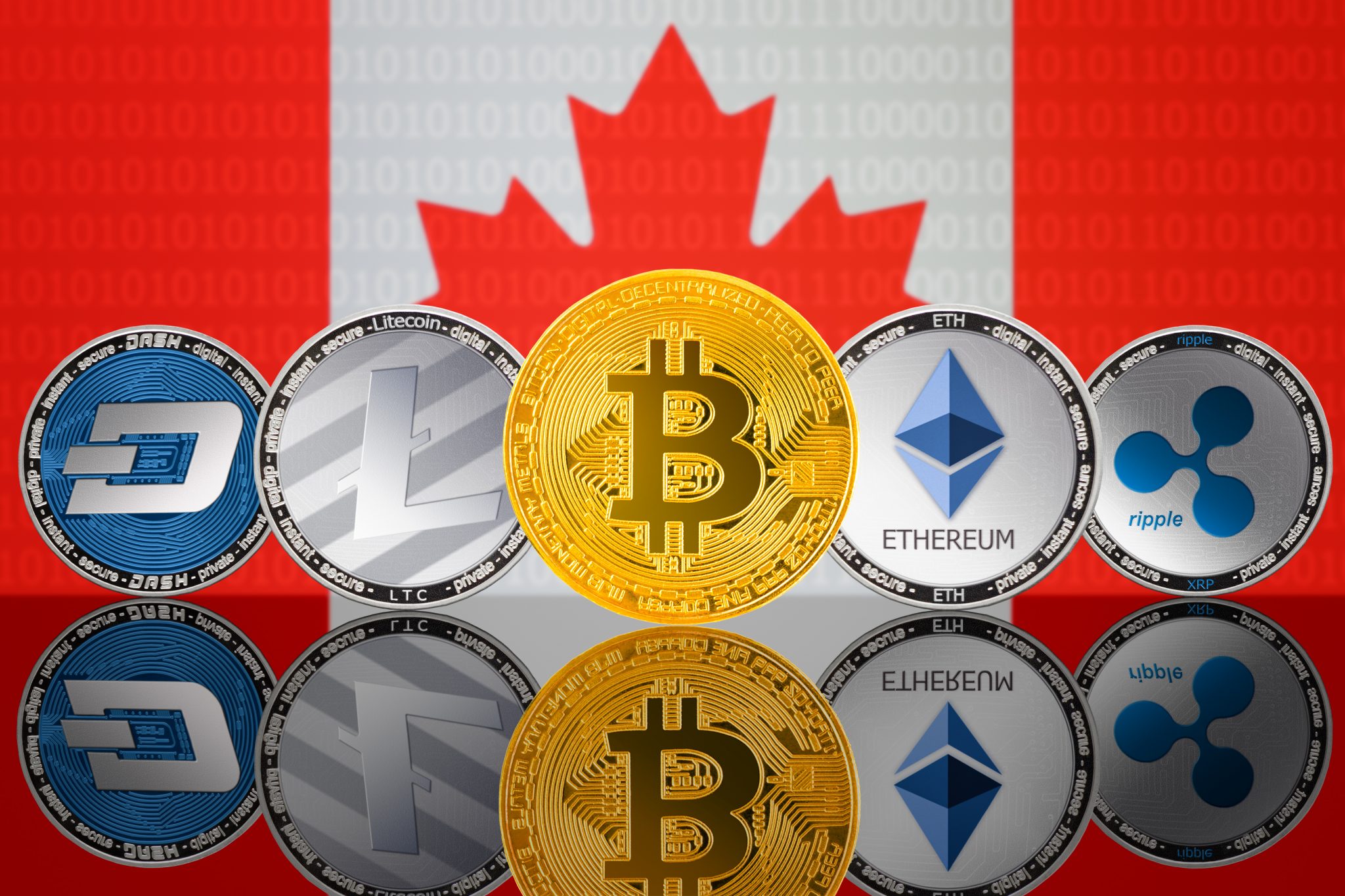 Cryptocurrency coins - Bitcoin (BTC), Litecoin (LTC), Ethereum (ETH), Ripple (XRP), DASH on the background of the flag of CANADA. Front view