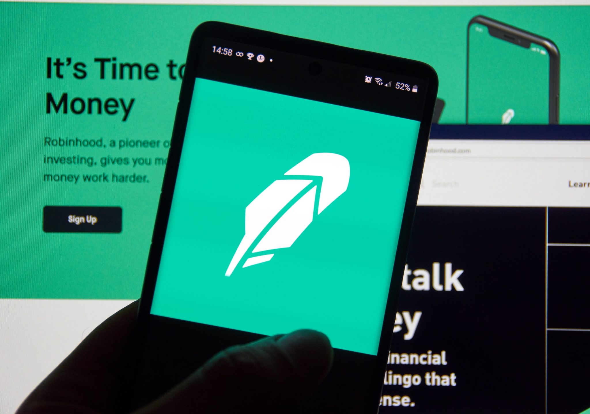 Montreal, Canada - March 08, 2020: Robinhood app and logo on screen. Robinhood financial services company. The company offers mobile app and website that offers people the ability to invest in stocks