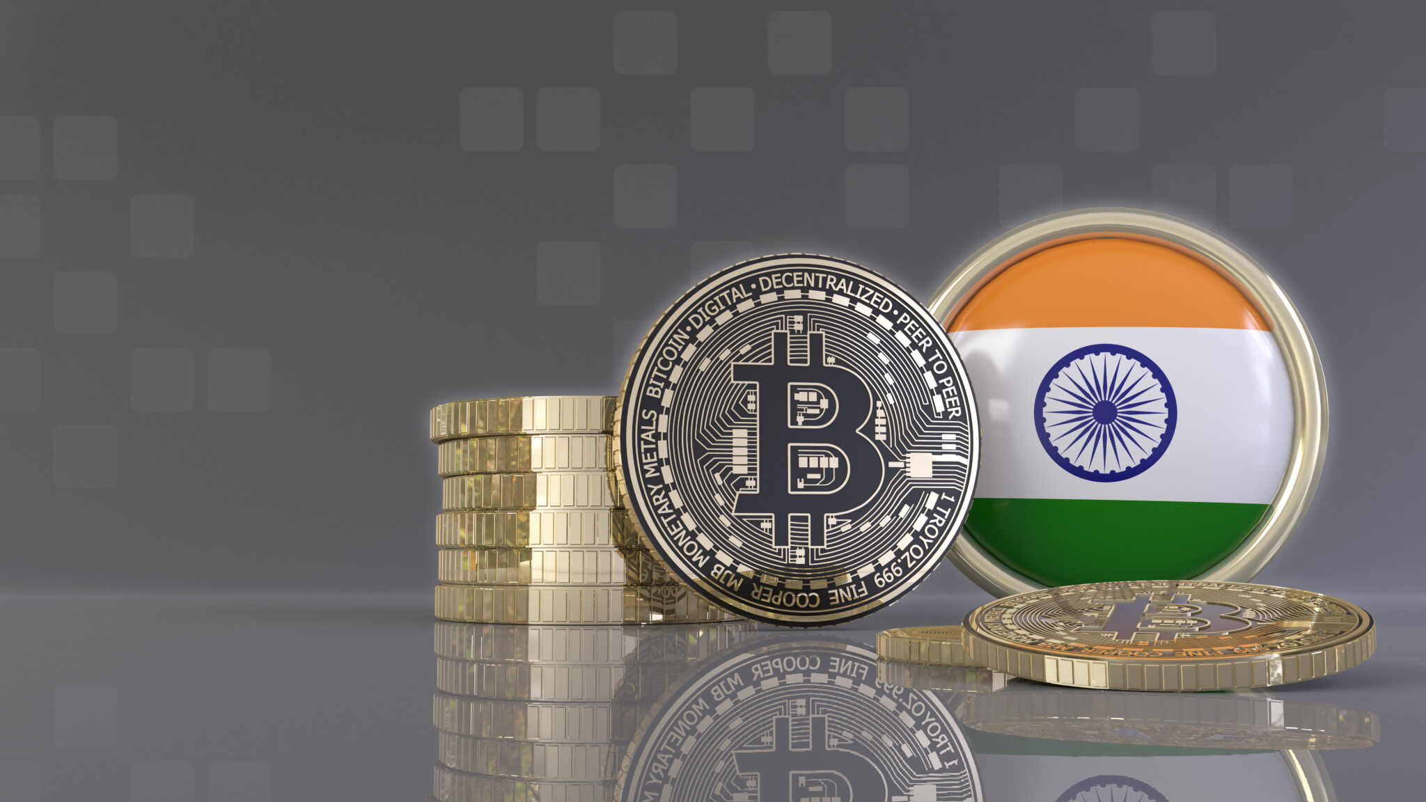 3d rendering of some metallic Bitcoins in front of an badge with the Indian flag