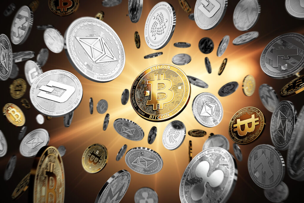 Flying altcoins with Bitcoin in the center as the leader. Bitcoin as most important cryptocurrency concept. 3D illustration