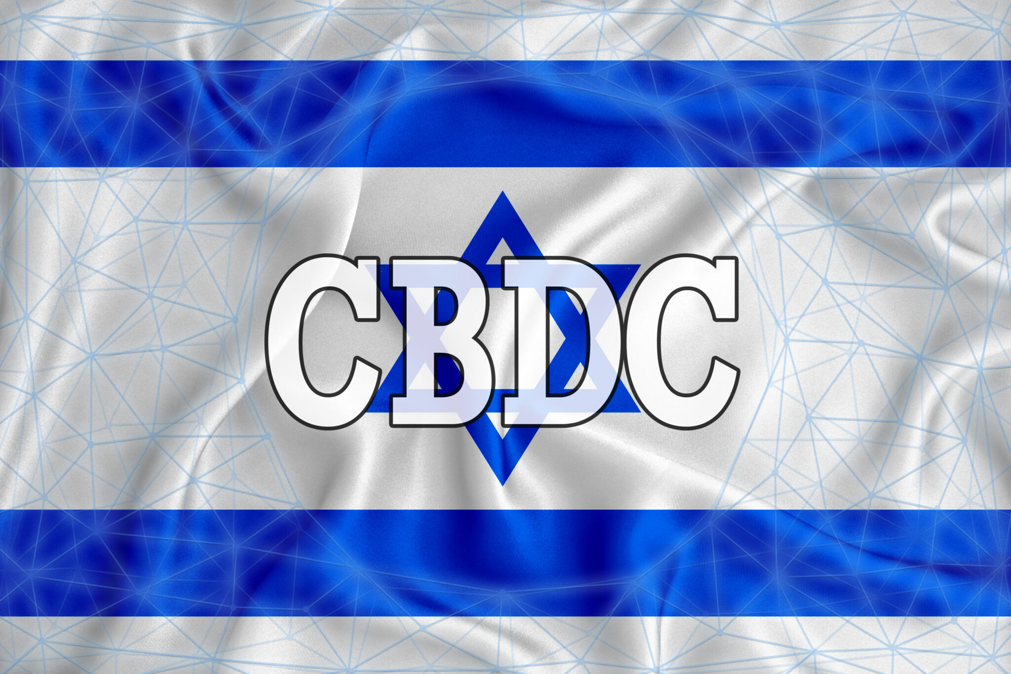 Israel flag with the inscription CBDC (Central Bank Digital Currency) and a blockchain grid around. Graphic concept for your design. 3d rendering
