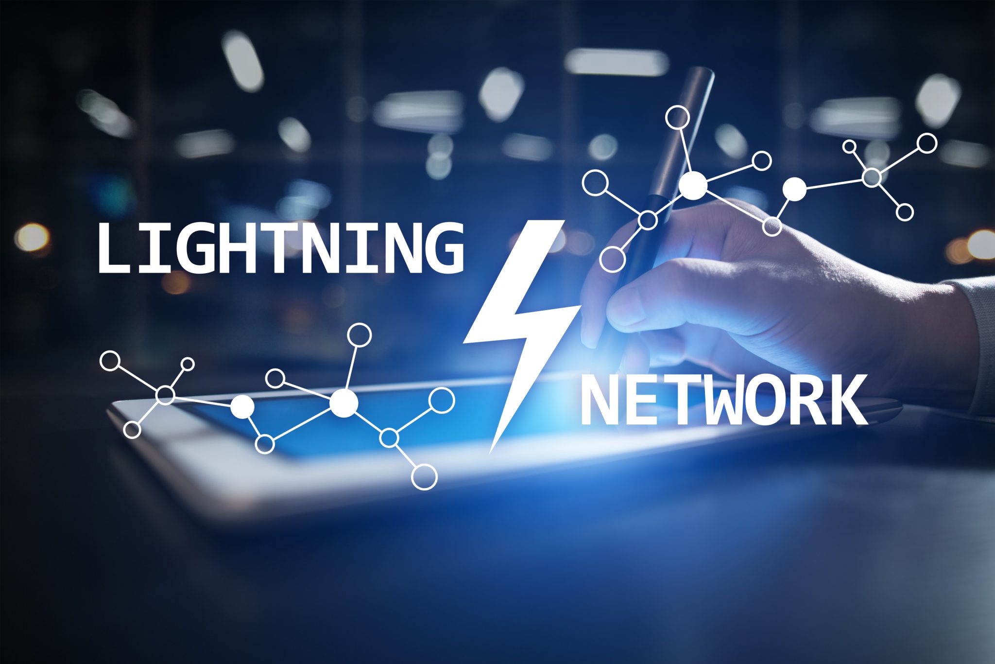 Lightning network - second layer payment protocol that operates on top of a blockchain. Bitcoin, cryptocurrency, internet payment.