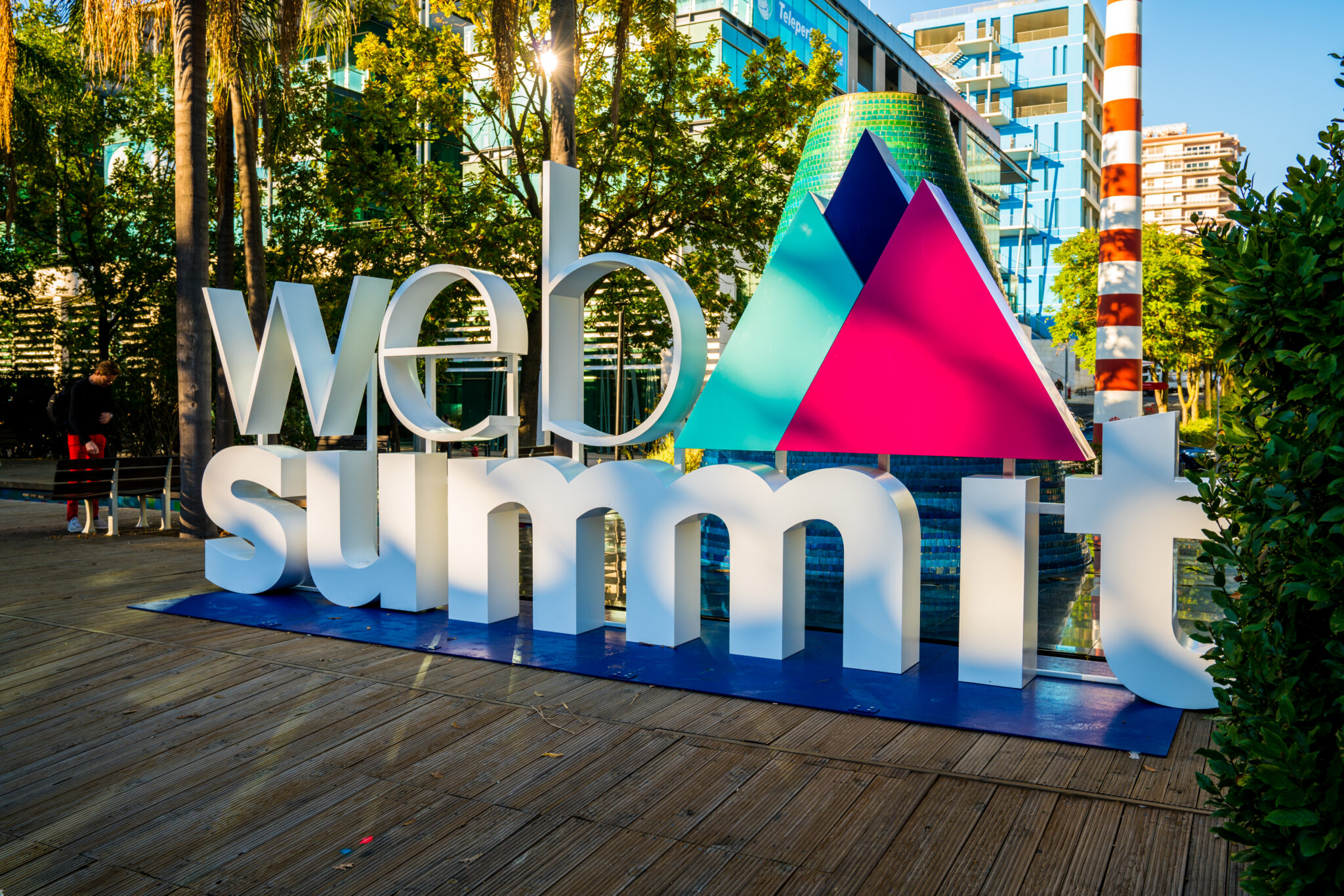 LISBON, PORTUGAL - NOVEMBER 08, 2017: A sign for Europe's biggest tech conference, the Web Summit, at Commerce Square