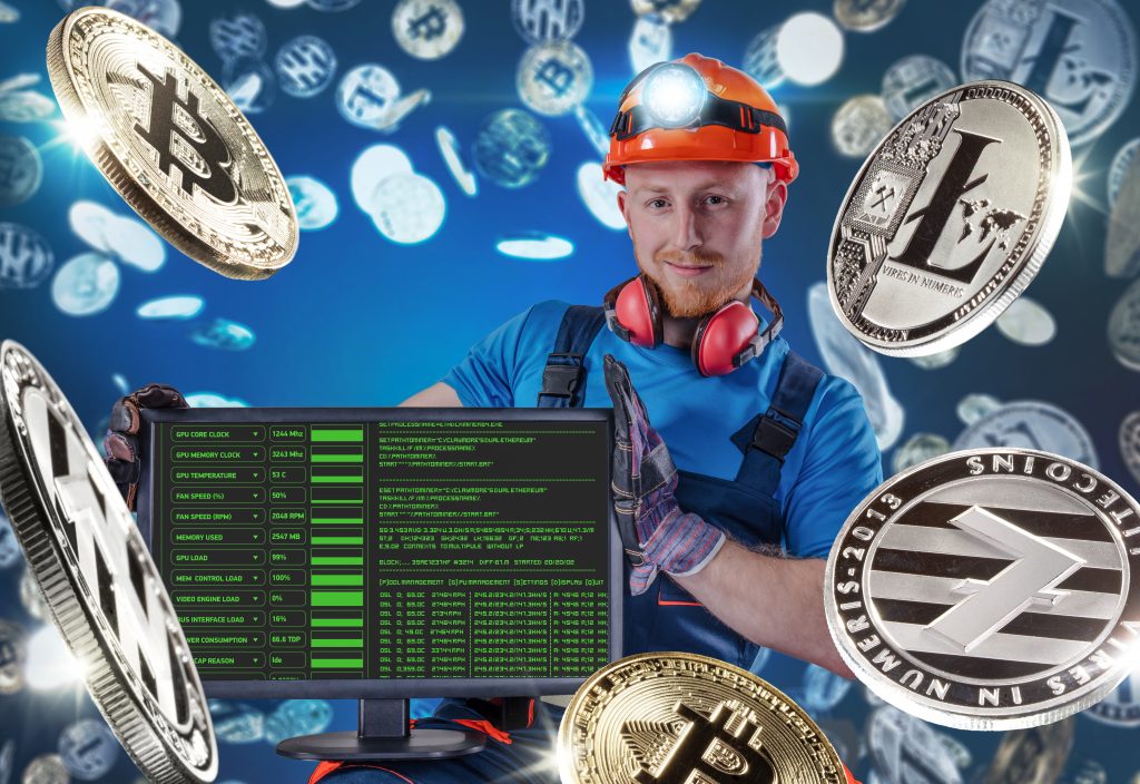 Macro view of miner working for bitcoins mine pool. Devices and technology for mining cryptocurrency. Mining cryptocurrency concept.