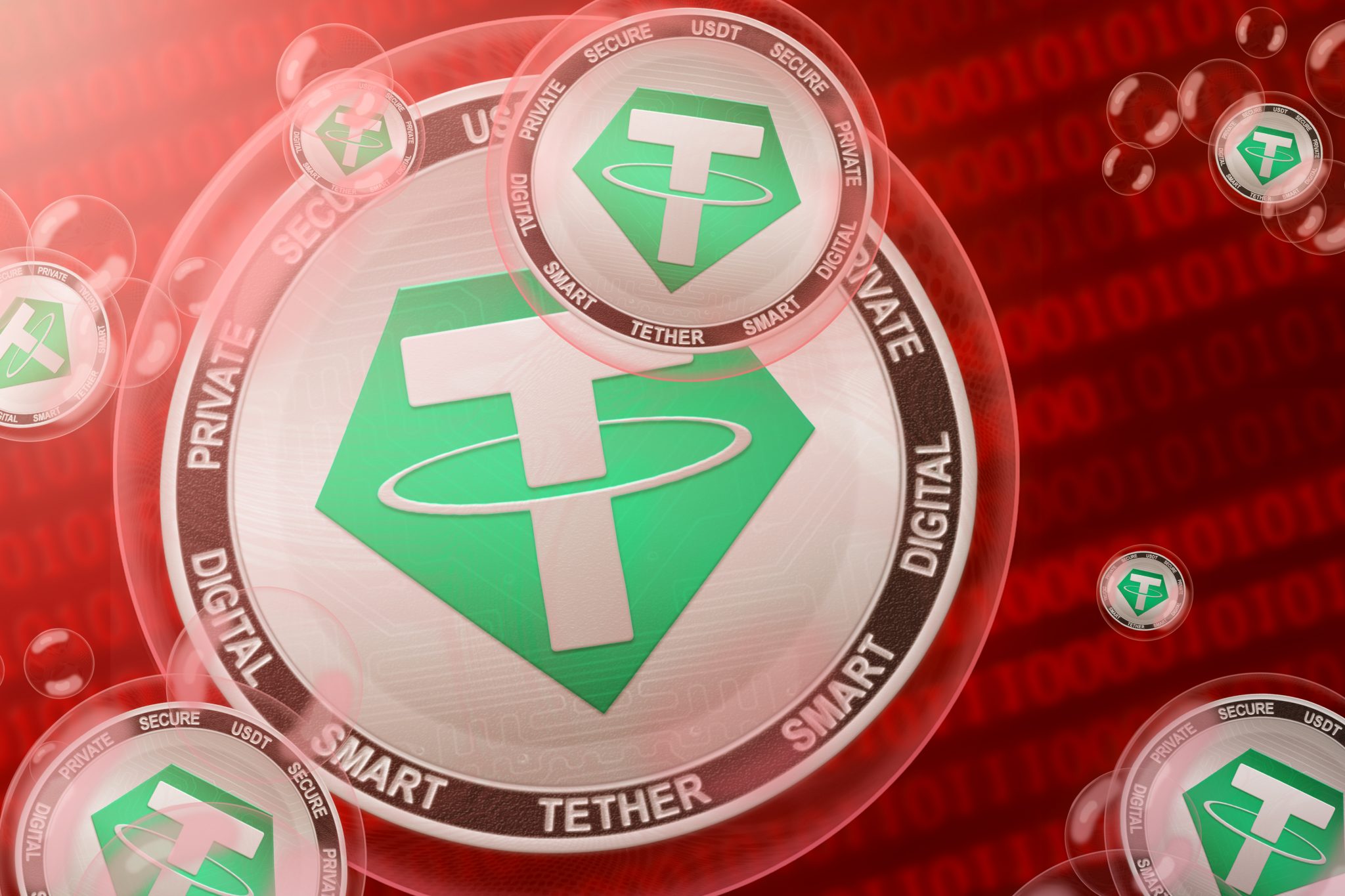 Tether crash; Tether (USDT) cryptocurrency coins in a bubbles on the binary code background. Close-up