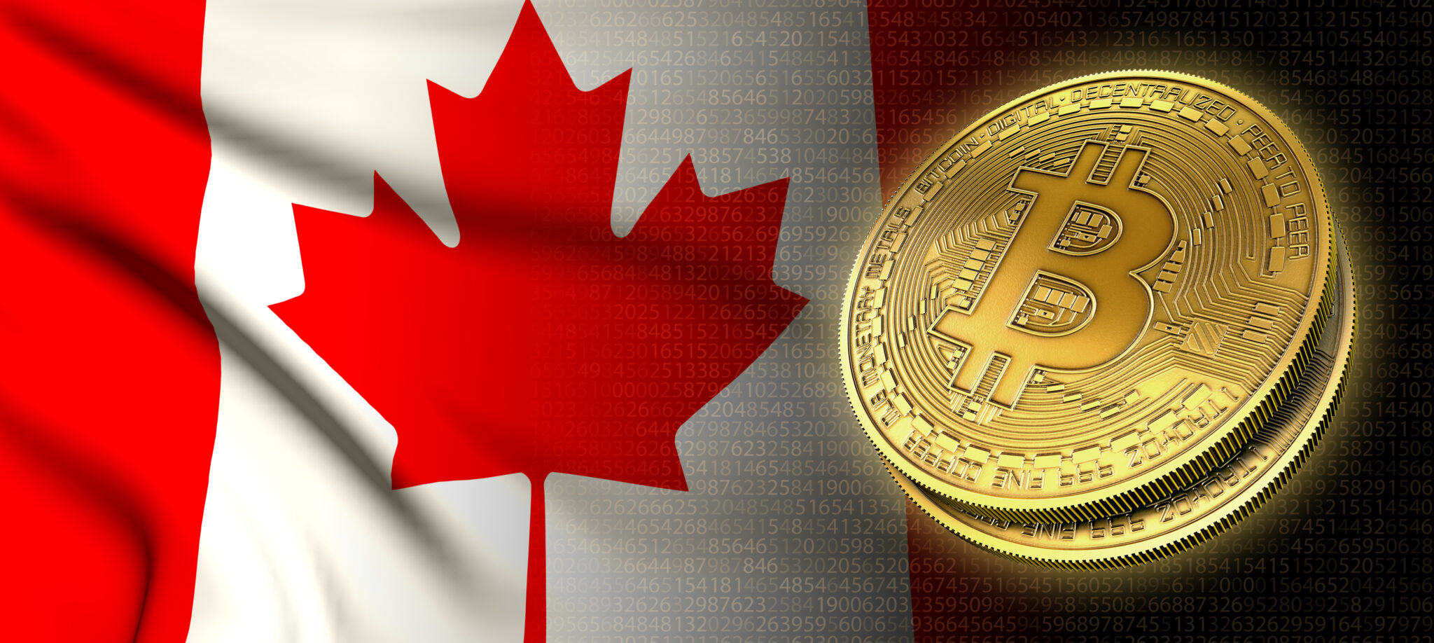 3D rendering: Bitcoin cryptocurrency coin with the national flag of Canada, on a black background