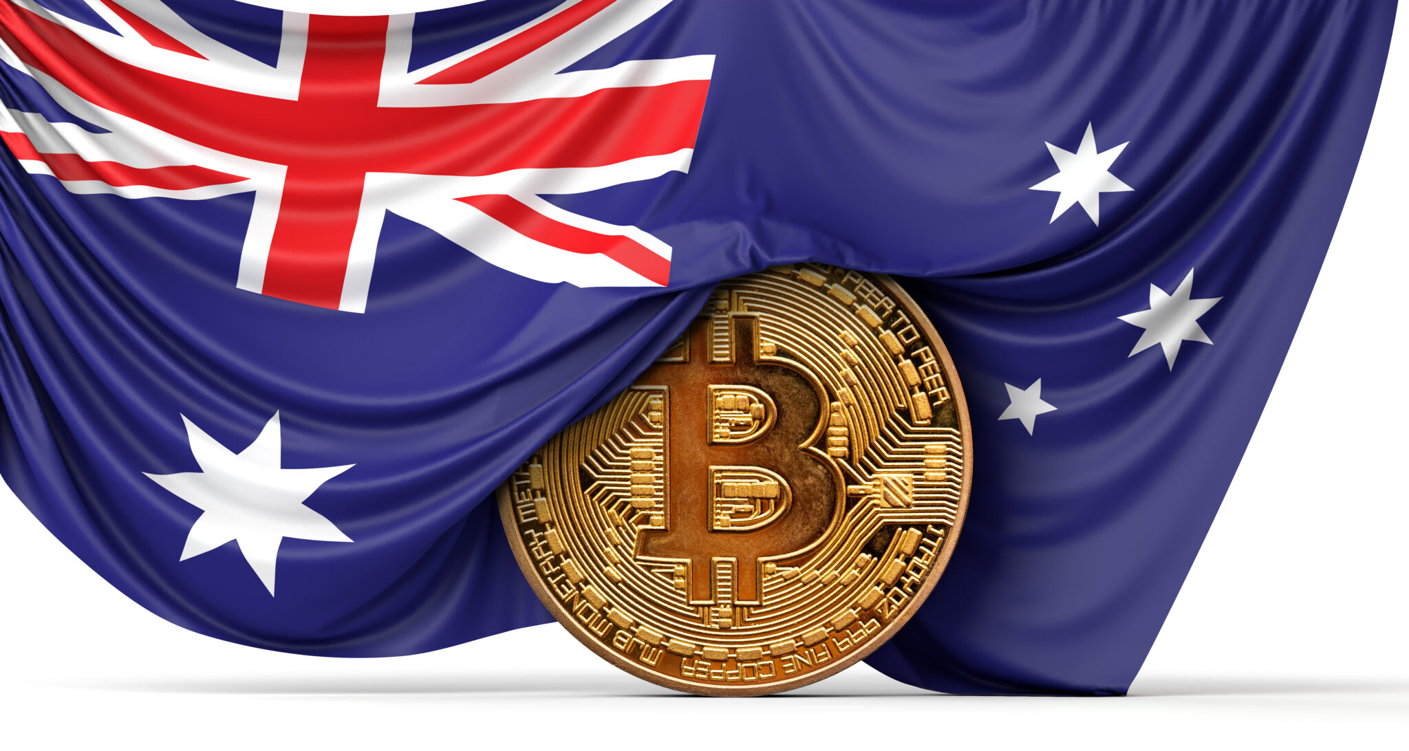 Australia flag draped over a bitcoin cryptocurrency coin. 3D Rendering