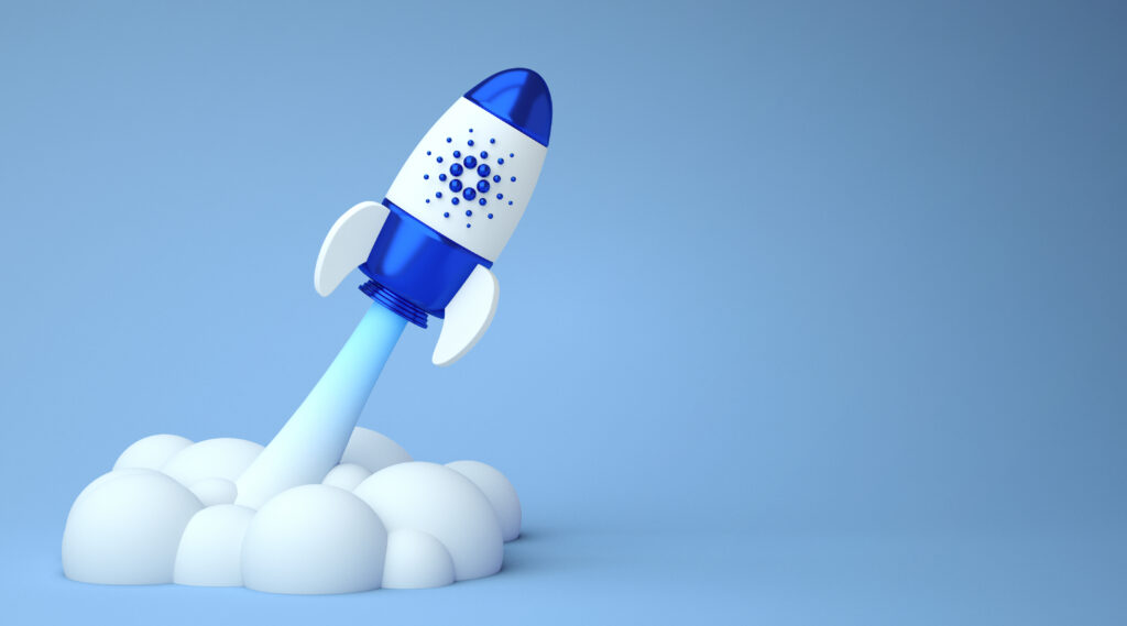 Cardano to the moon, bullish altcoin ADA cryptocurrency. Cardano token crypto currency logo in a rocket with copy space background in 3D rendering. Blockchain defi concept